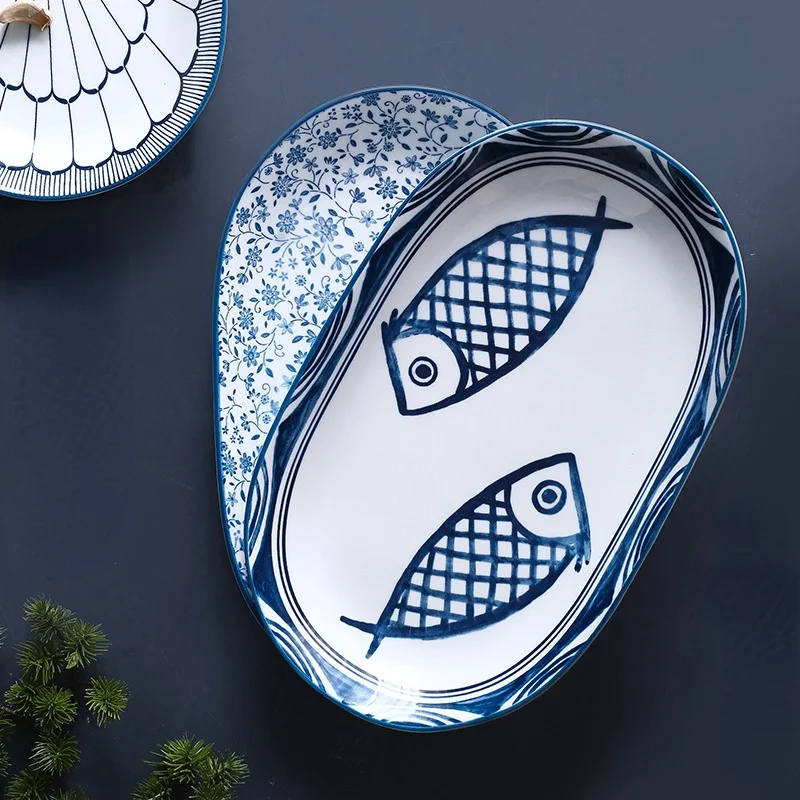 

12 Inch Jingdezhen Japanese Fish Plate High Temperature Underglaze Color Ceramic Tableware Large Steamed Fish Plate