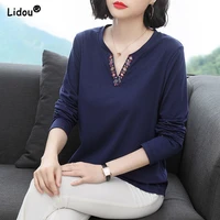 womens clothing casual v neck spring autumn solid long sleeve fashion 2022 new korean all match trend comfortable wild t shirts