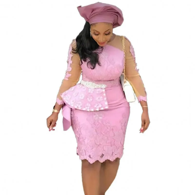 

Lace Mesh Party Dresses Luxurious Long Sleeve African Dresses For Women Fashion Solid Tight Midi Dress Spring Summer Pink White