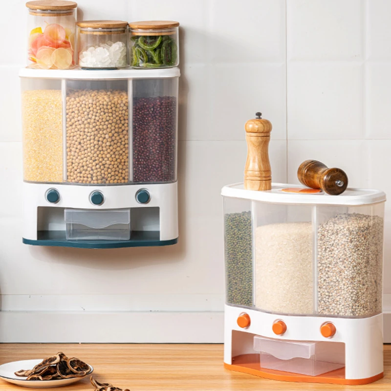 

Grid Wall-Mounted Grain Storage Box Rice Dispenser Organizers Storage Household Food Storage Kitchen Accessories