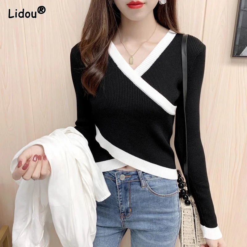 

Elegant Casual Long Sleeve Solid Color T Shirts Popularity Wild Skinny Women's Clothing Spring Autumn V Neck Asymmetrical Tops