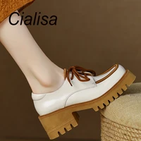 cialisa platform shoes square toe autumn new high quality sheepskin mixed colors lace up casual thick chunky heel ladies loafers