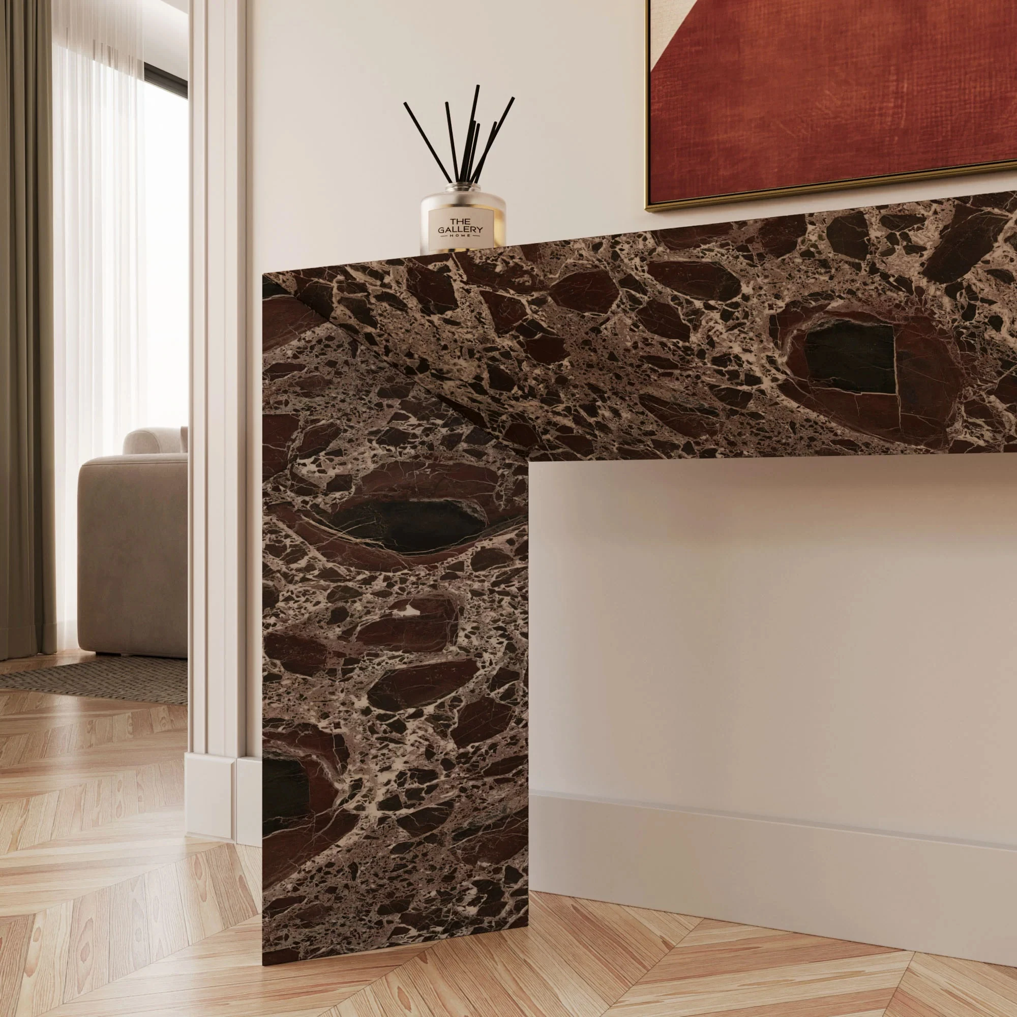 Фото Консольный стол из мрамора Camilla Rosso Levanto/Beige Travertine/Arabescato White - для отелей и вилл, с возможностью индивидуального размера, легко чистится №2