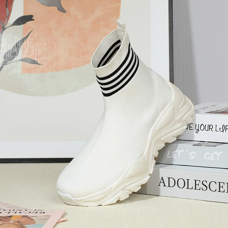 

New Couple High-heeled Newest Socks Shoes Women Thick-soled Casual Large Size Net Knitted Short Boots Women Botas De Mujer