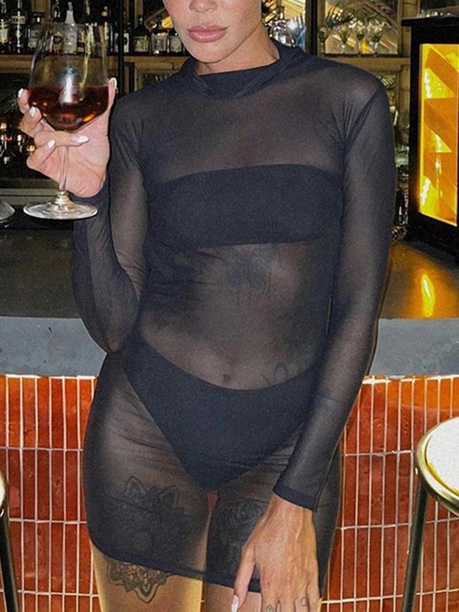 

Женское прозрачное Сетчатое сексуальное платье, повседневное мини-платье с высоким воротником и длинным рукавом, открытой спиной, для осени, пляжа, коктейля, клуба, уличная одежда