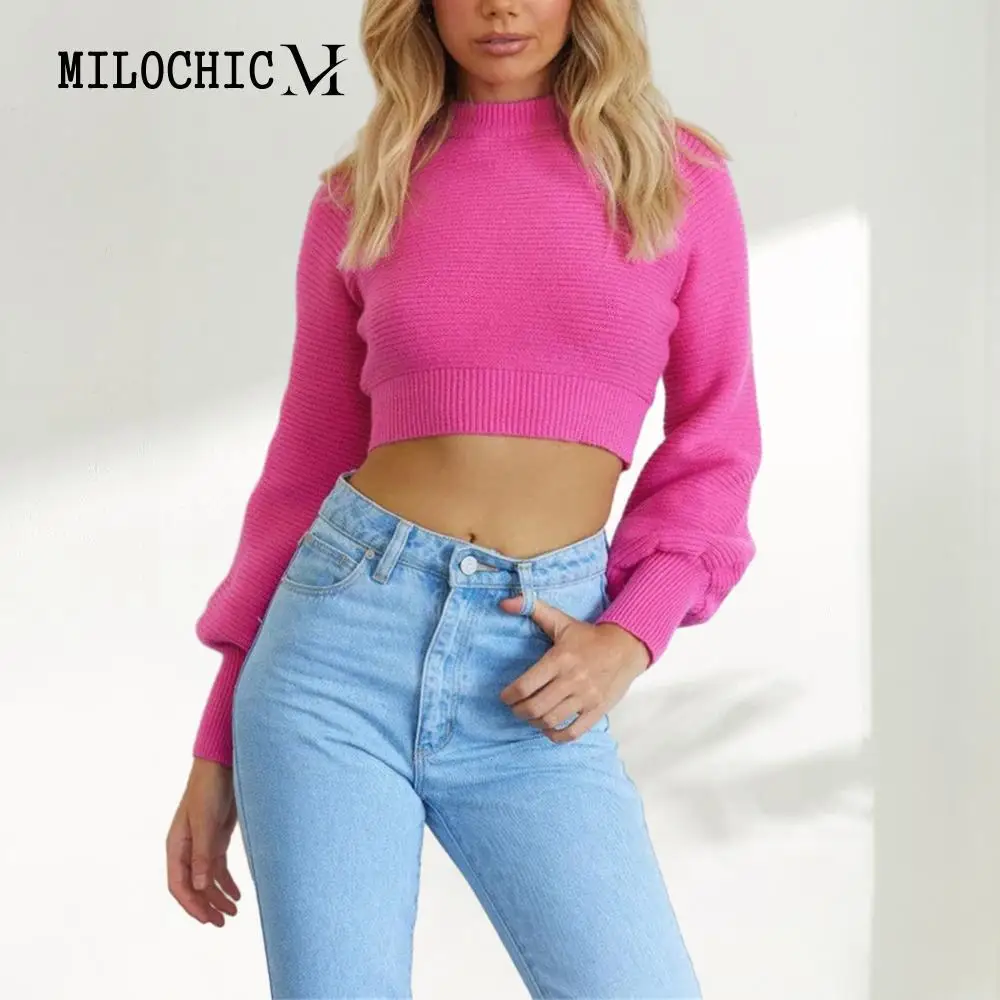 

Solid Color Women Short Tunic Top Casual Style Crew Neck Long Sleeve Top Stretch Shirts Tops Sexy Lantern Sleeve Streetwear Suit
