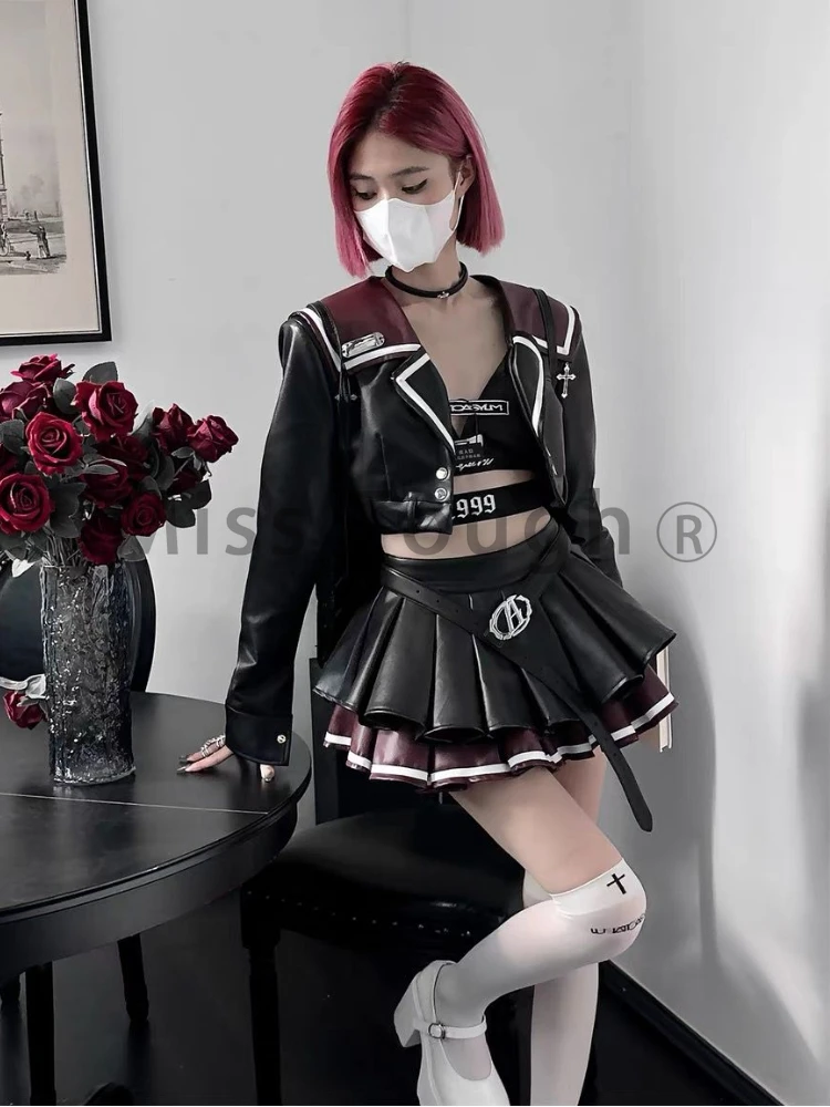 Женский кожаный костюм с мини-юбкой Y2k элегантный готический из двух предметов