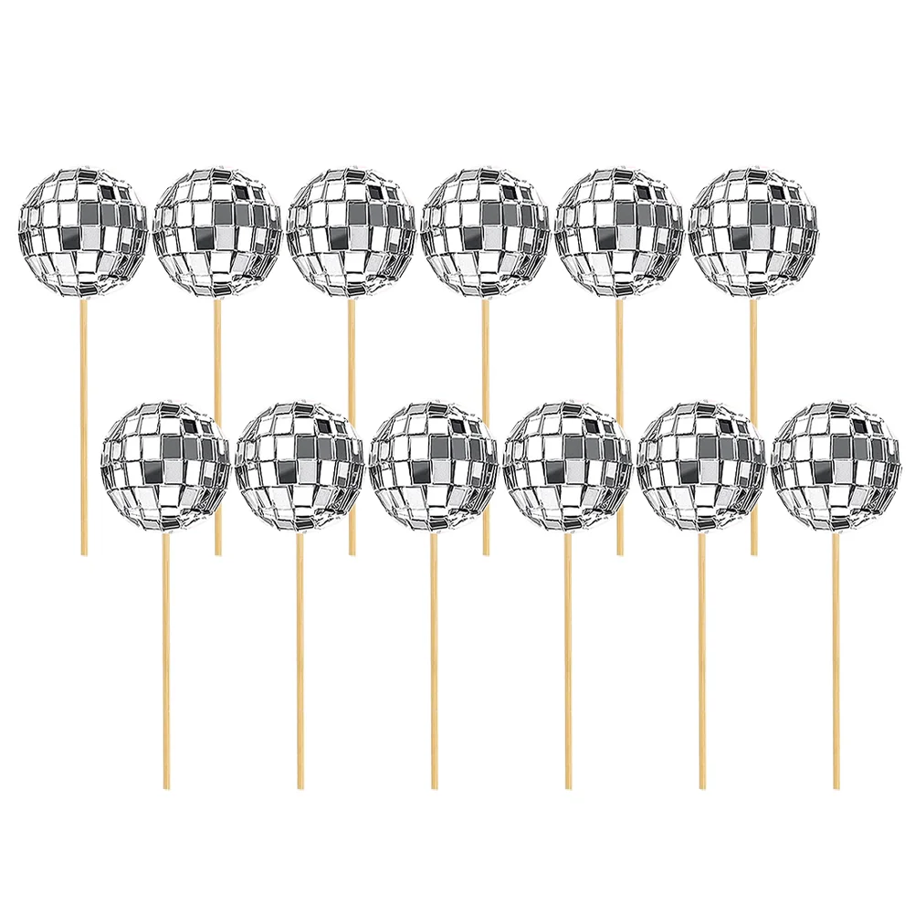 

12 Pcs Disco Cake Sign Mini Party Favors Birthday Cupcake Decoration Decors Wood + Glass Ball Inset Topper Decorations