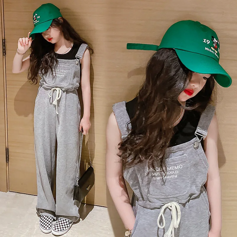

Teen School Girls Outfits Summer Grey Jumpsuit Vest Two Pieces Clothing Set for Kids Casual Sport Bodysuit Children Tracksuit
