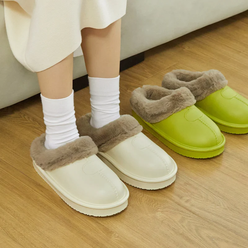 

UTUNE Winter Slippers Waterproof Leather Warm Thick Plush Soft Sole Home House Shoes for Women Men Outside Indoor Furry Slides