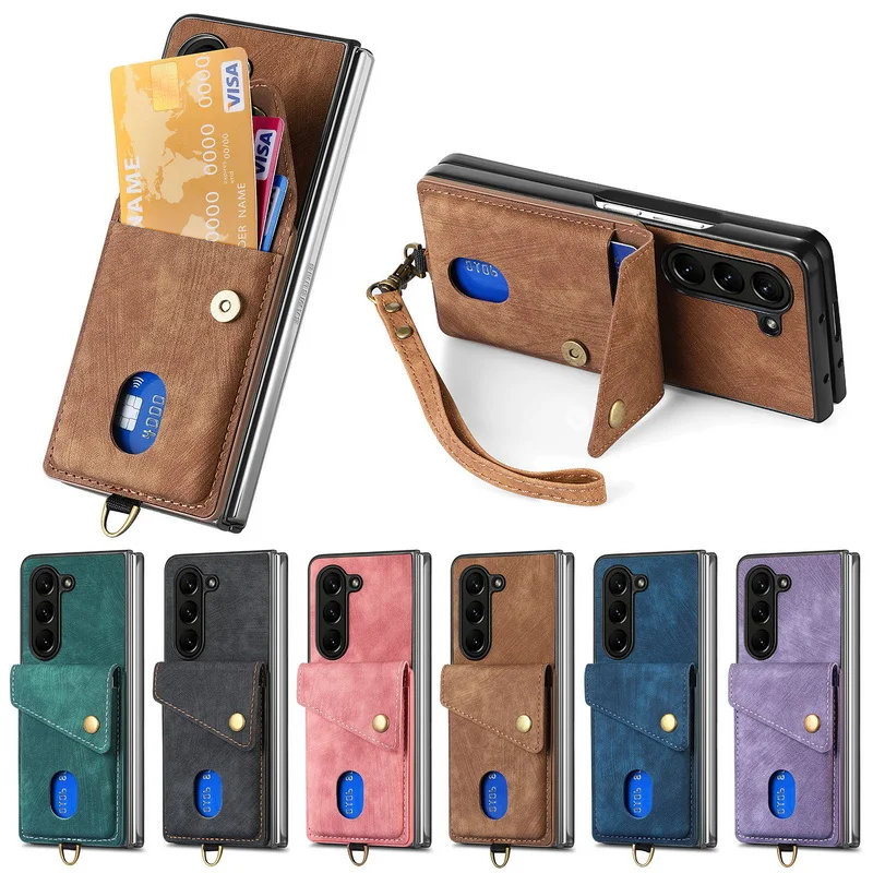 

Shockproof Leather Wallet Card Slots Holder Flip Case For Samsung Galaxy Z Fold 5 Fold4 Fold3 Coque Strap Soft Phone Back Cover