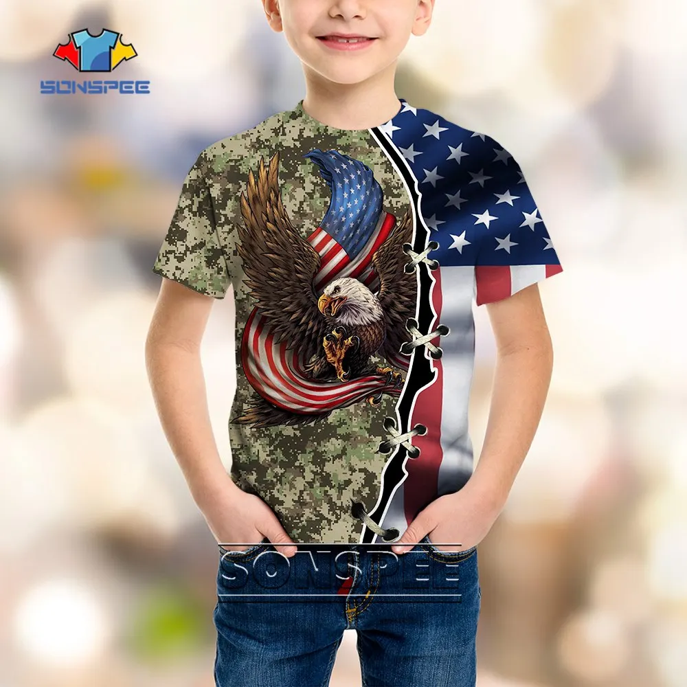 

SONSPEE Cool 3D Printed American Flag and Bald Eagle Children's T Shirt Summer Street Hip Hop Animal Bird Top Thin Short Sleeve