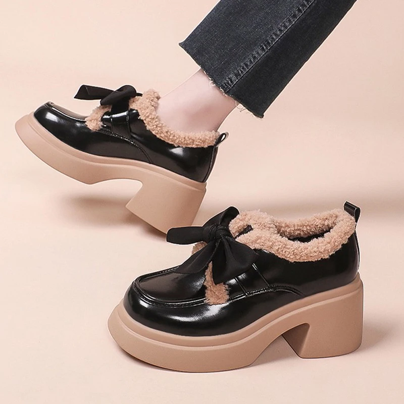 

New Women High Heels Mary Janes Shoes Fur Plush Bow Chunky Lolita Shoes 2022 Winter Ankle Boots Party Pumps Platform Femme Botas