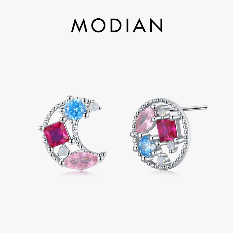 

Modian 925 Sterling Silver Moon & Round Luxury Crystal Stud Earrings For Women Sparkling Brand Jewelry Romantic Anniversary Gift