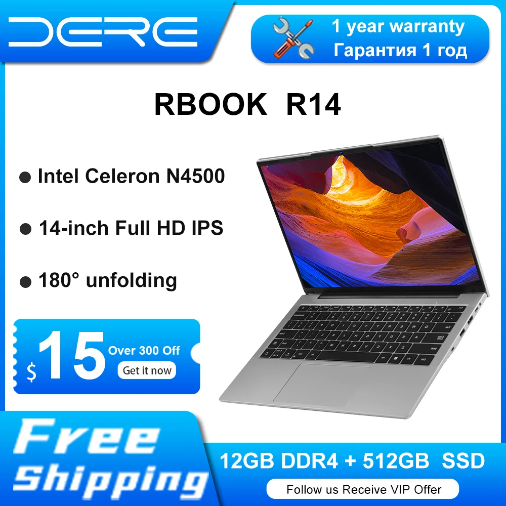 DERE Laptop R14,14-inch IPS Full HD, Intel Celeron N4500, 12GB RAM + 512GB SSD Computer Laptop Office Windows 11 Notebook