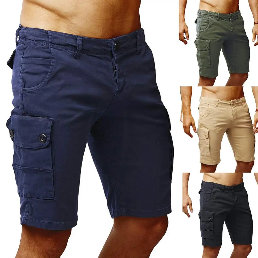 

Cotton Men Casual Shorts Solid Color Pockets Button Zip Multi Beach Trousers