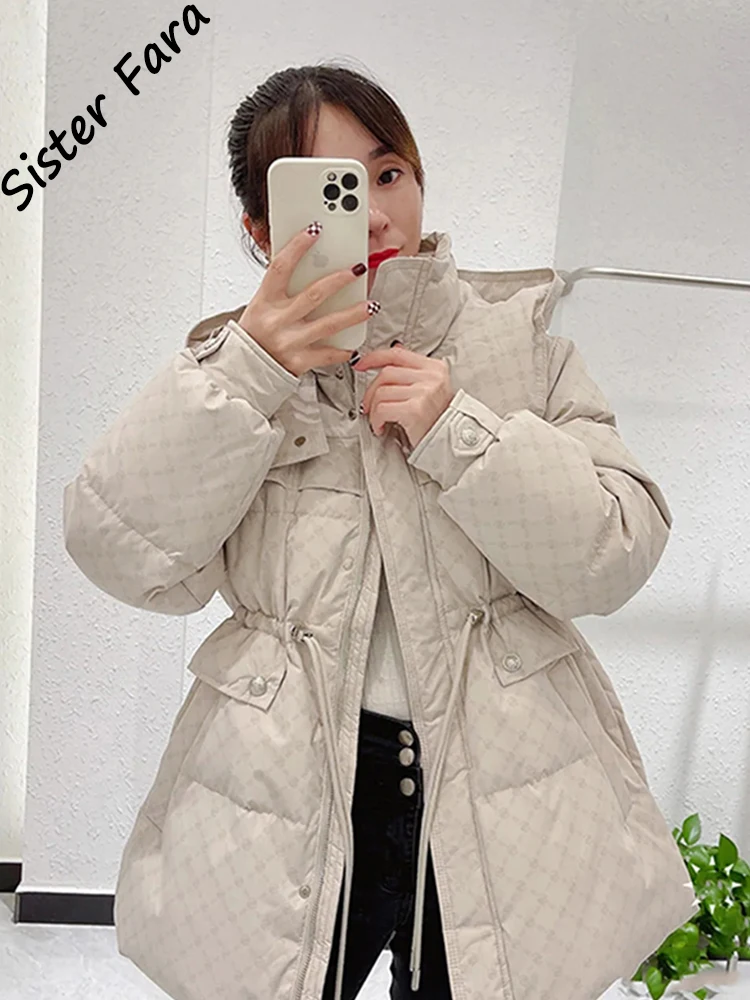 

Sister Fara Winter Fashion Hooded Down Jacket Winter Women Drawstring Parker Down Jacket Female Cotton Coat Overcoat Down Jacket