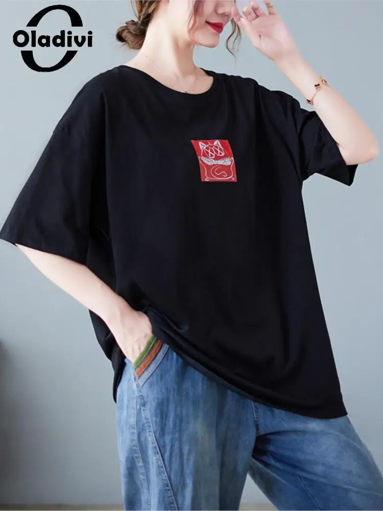 

Oladivi Big Size Women Fashion Print Short Sleeve Tshirt 2022 Summer Casual Loose Top Tee Shirts Female Oversized Clothing 9130