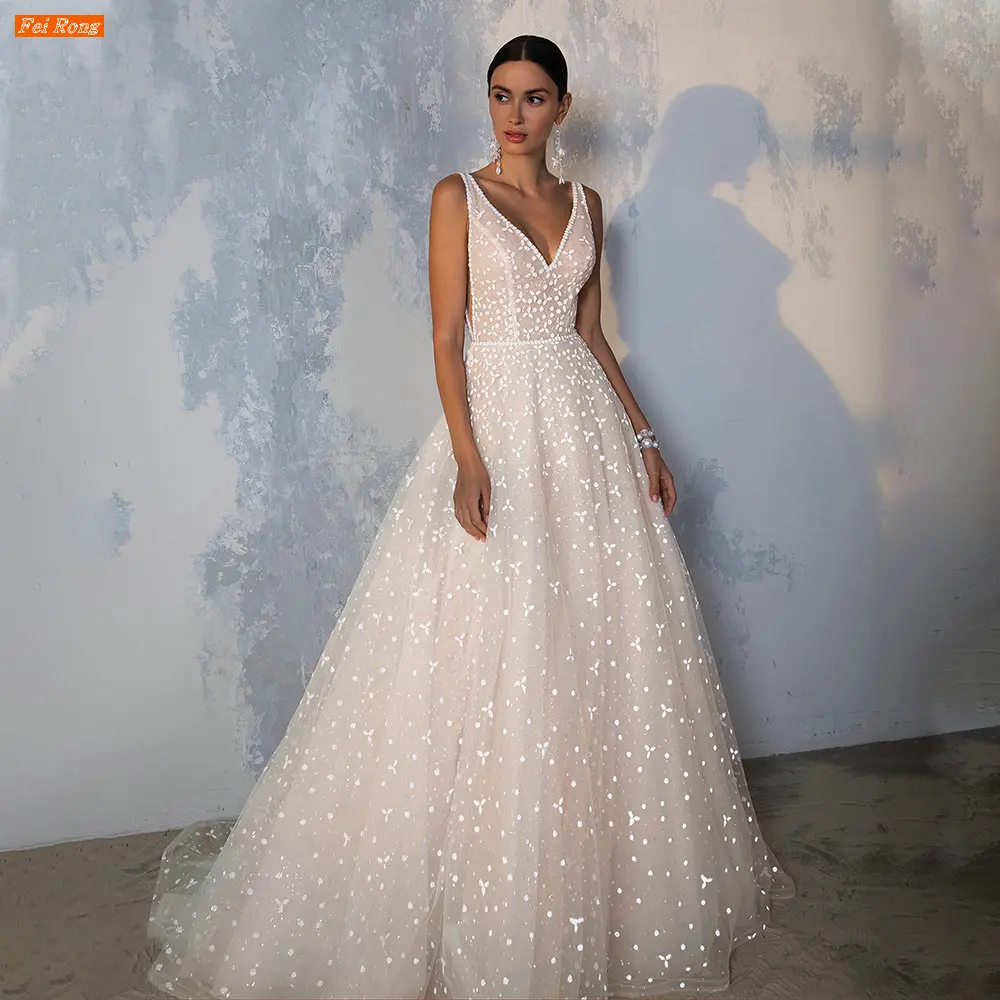 

Fei Rong Boho Appliques Wedding Dress Vestidos De Novia V Neck Sleeveless Backless A Line Sweep Train Bridal Gown Robe De Mariée