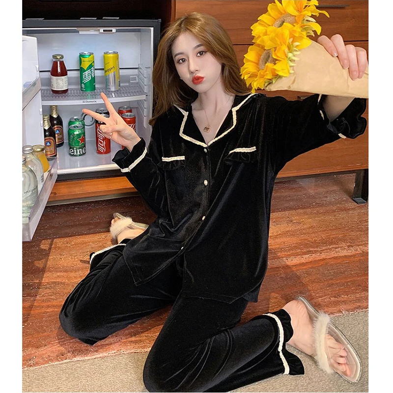 Women Velvet Comfortable Soft Pajamas Spring Autumn Winter Solid Color Pajamas Set Home Clothes