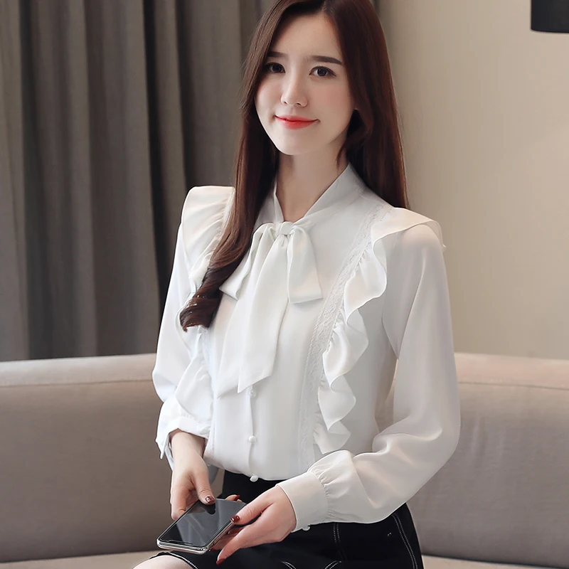 

Korean Office Shirt Bow Collar New Chiffon Shirt New Women Top Ruffles Female Blouse Shirts Long Sleeves Woman Clothes 630i