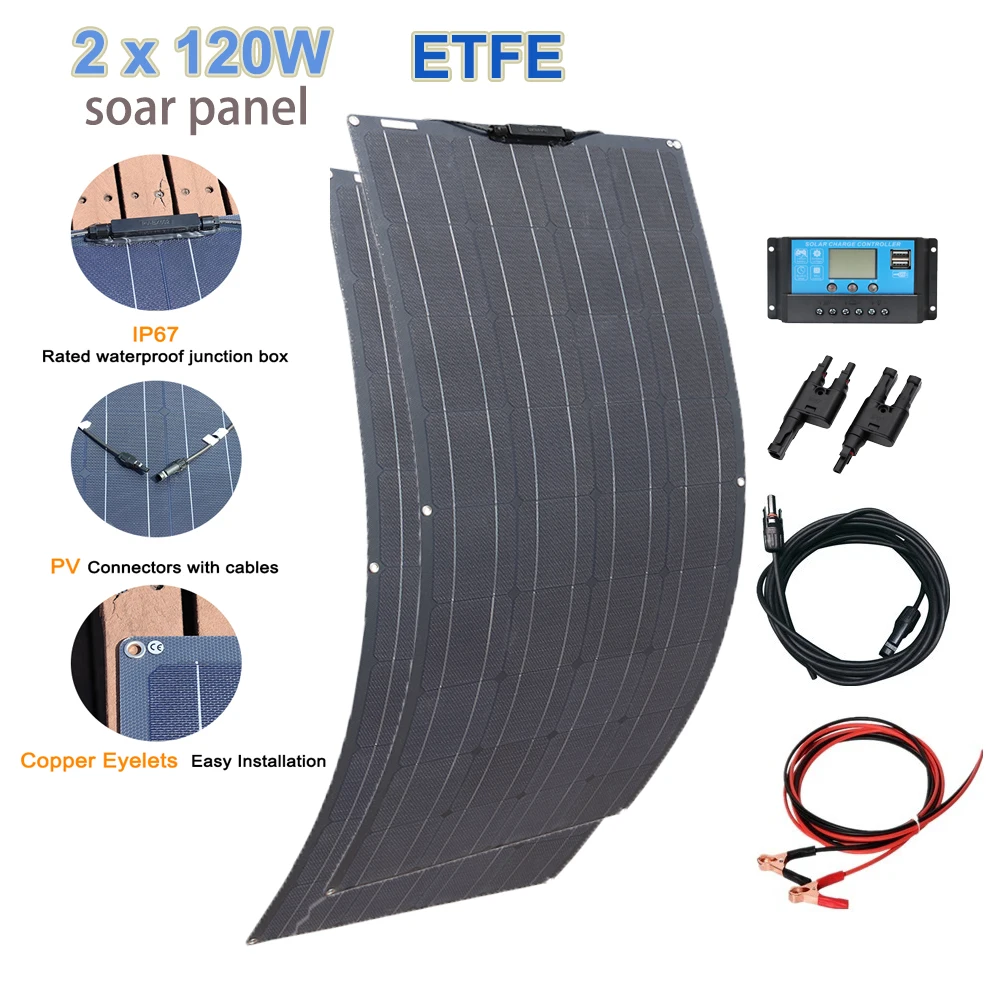 

1X 120W OR 2X120W ETFE Solar Panel Flexible Monocrystalline Cell Panels Solar Kit 240W 120W System 12V 24V Battery Charger
