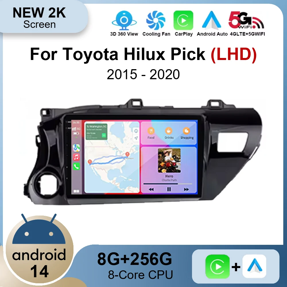10-дюймовый автомобильный радиоприемник Android 14 для Toyota Hilux Pick Up AN120 2015-2020 LHD 2K QLED