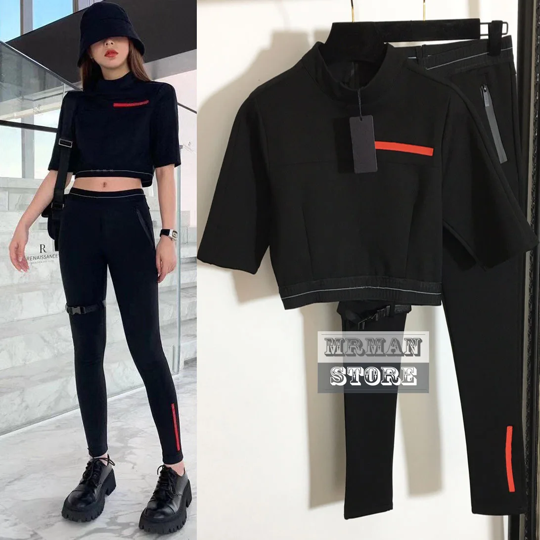 

Роскошный дизайнерский комплект из 2 предметов, женская одежда высокого класса, фирменные брюки и укороченный топ с коротким рукавом, весна-...