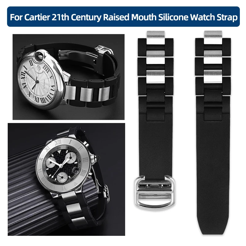 Фото Для часов Cartier 21 века, силиконовый ремешок для часов с приподнятым ртом, 20*10 мм, черно-белая водонепроницаемая цепочка для часов, ремешок унисекс №1