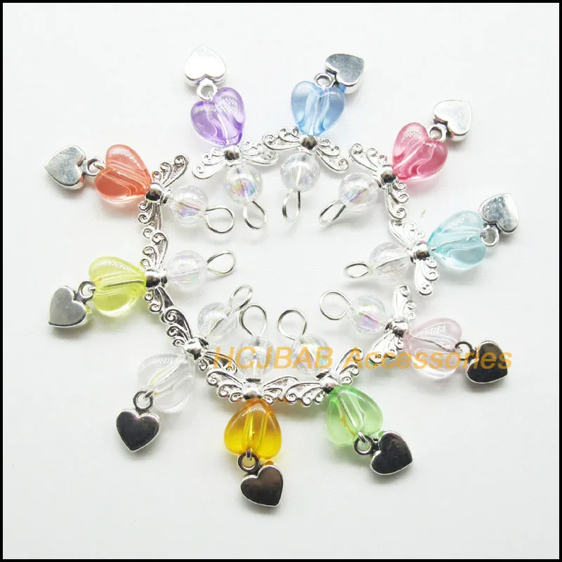 

Fashion 20Pcs Silver Plated Transparent Mixed Acrylic Tiny Heart Angel Charms Pendants 14x30mm
