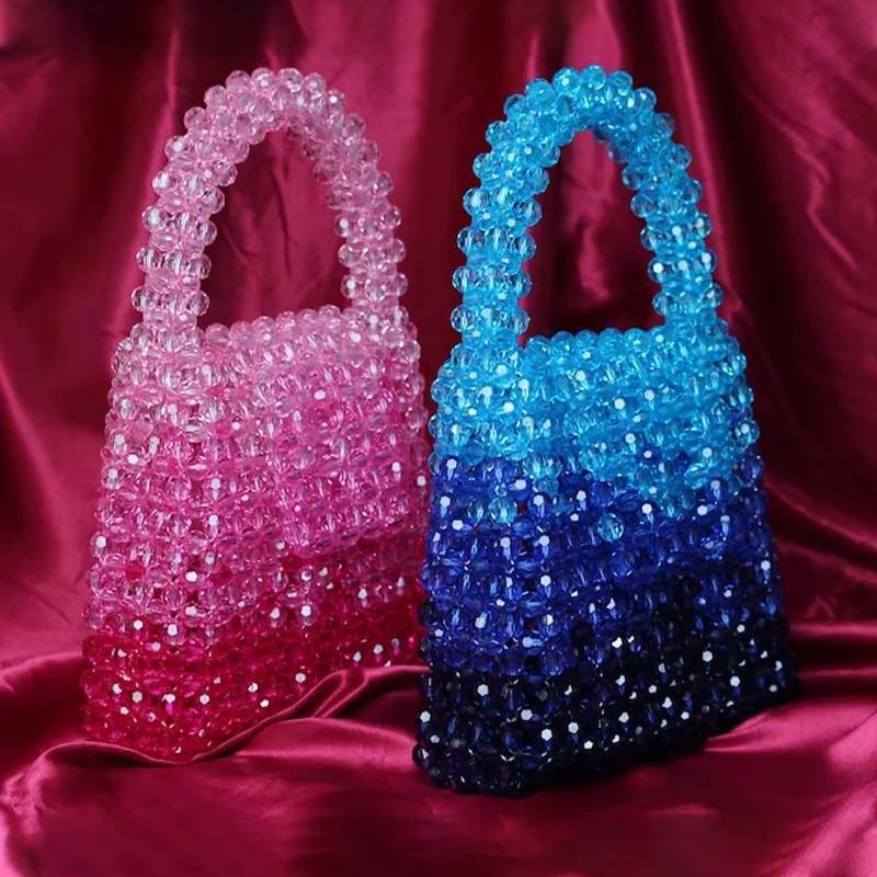 

Beaded Bag Handle Handmade Handbag Pink Blue Gradient Patterned Exclusive Design Purses Attend Party Dinner Gifts for Friends