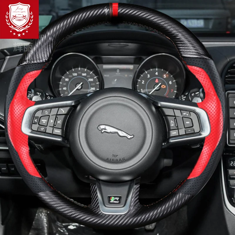 

DIY Custom Carbon Fible Black Red Leather чехол рулевого колеса автомобиля для Jaguar F-PACE XEL XF XFL F-TYPE XJ автомобильные аксессуары