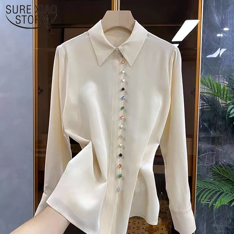 

Женская атласная рубашка на пуговицах, элегантная винтажная Повседневная белая блузка из шелка, модель 2022 на весну, 18834