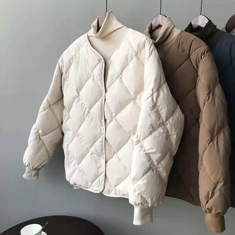 Enlarge Solid Color Retro Cotton Coat Women's Diamond Lattice Fashion Simple Loose Casual Winter New Quilted Top Coat Women's Tide