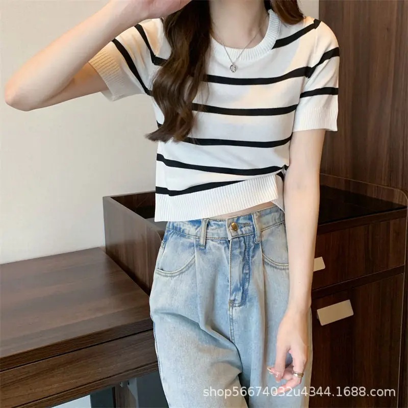 

Round collar high waist temperament short jacket womens new summer chic Korean version of short-sleeved T-shirt black