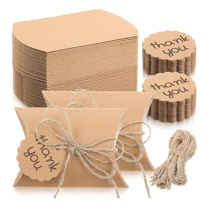 

150 Pieces Kraft Paper Pillow Box Kit Candy Box Wedding Favor Box With Thank You Tag And Twines For Wedding Baby Shower