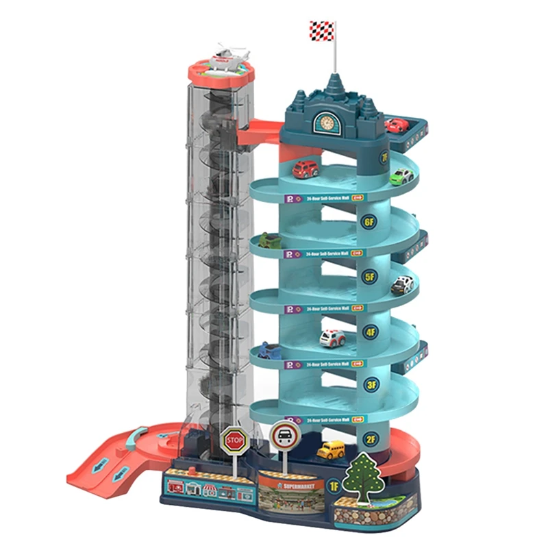 

Electric Manual Toddler Car Track Toy Playset With 8 Cars And 1 Helicopter Car Parking Toy With Elevator Parking Lot