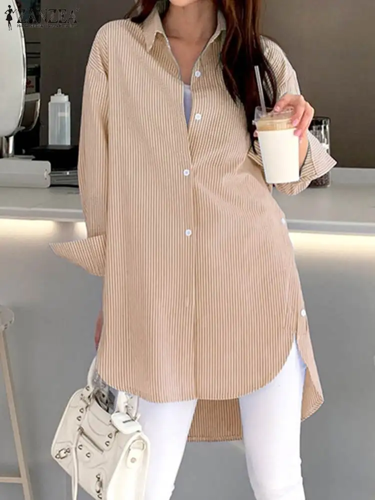 

ZANZEA 2023 Autumn Shirts Women Striped Button Long Shirt Causal Long Sleeved Turn Down Collar Tops Office Ladies Blouse Kaftan