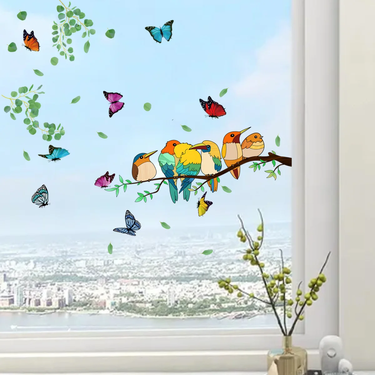 

Manga Branch Bird Butterfly Wall Stickers Glass Window Double-sided Visual Decorative Sticker Baby Child Room Home Bedroom Decor