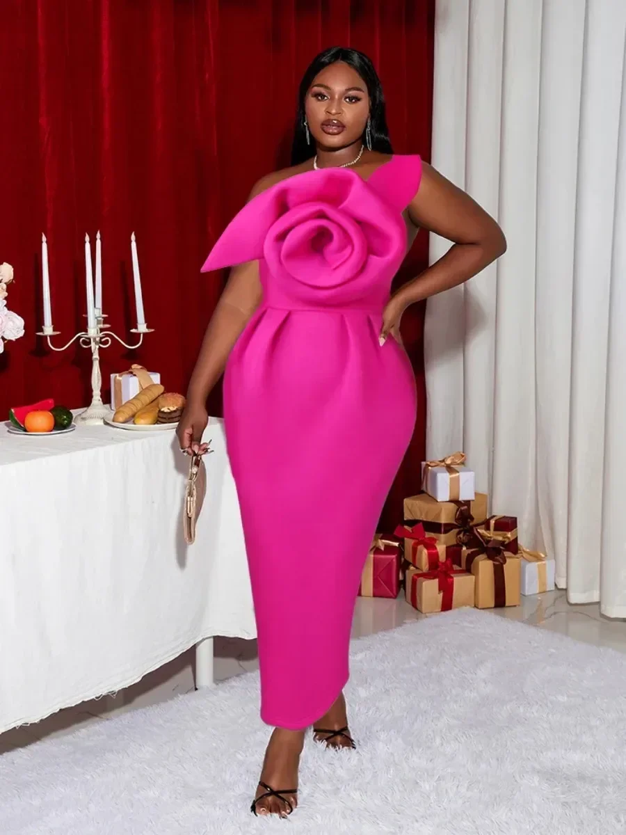 Вечернее платье фуксии на одно плечо с цветочным принтом