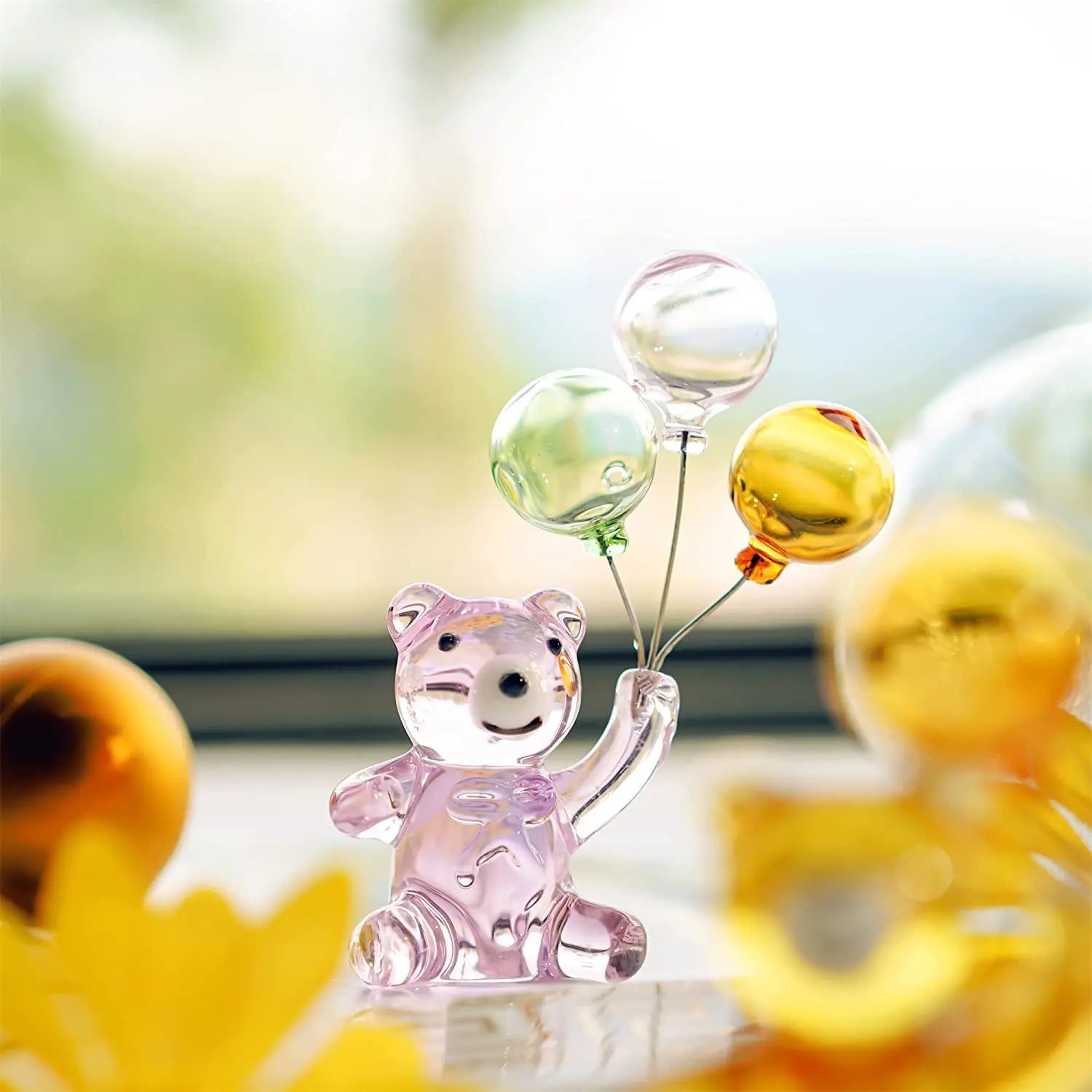 

H&D Crystal Bear Figurine with Balloons Animal Collections Glass Ornament Valentine's Day Anniversary Birthday Gift (Pink)