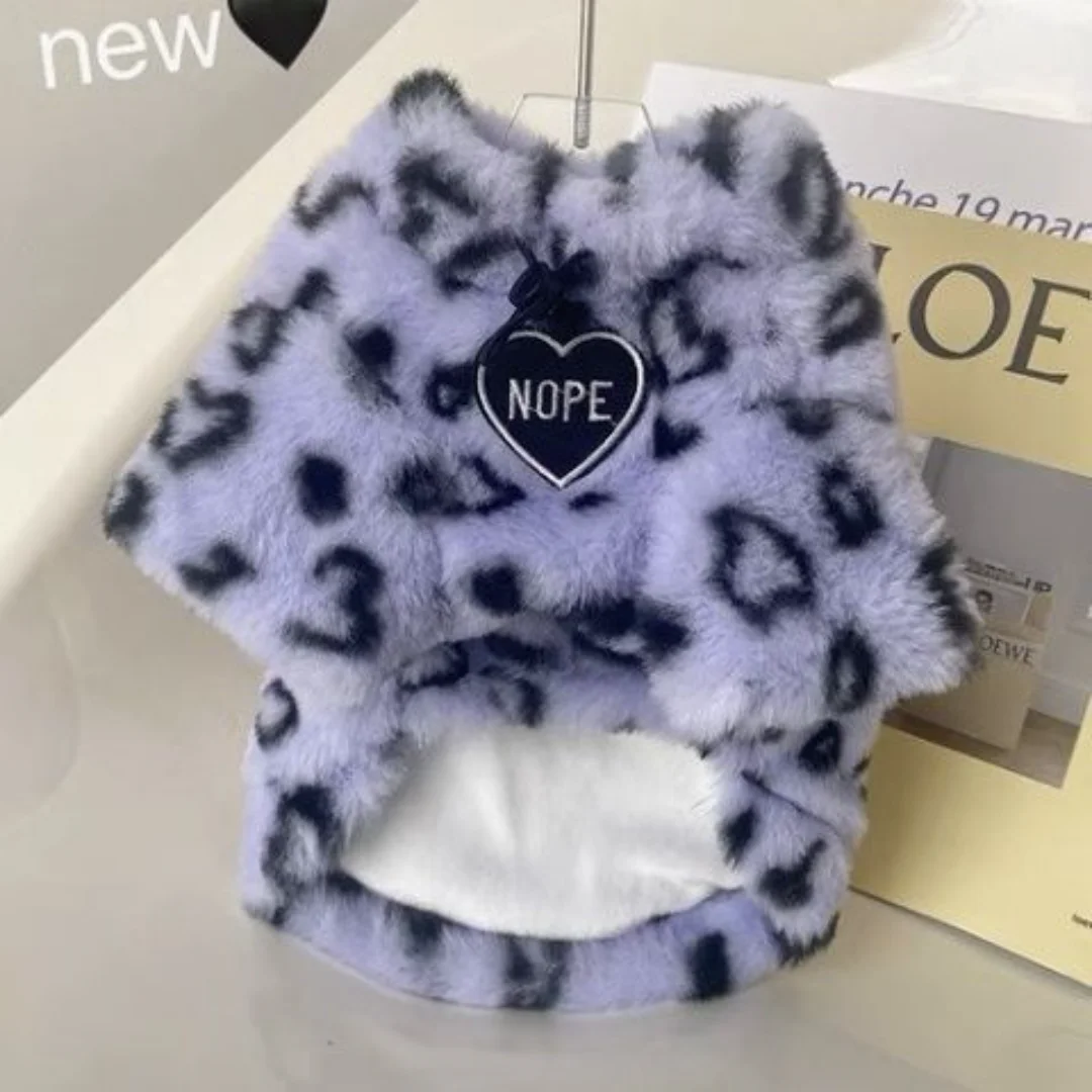 

Purple Leopard Print Winter Plush Cat Clothes Pet Warm Sweatshirt English Short Bichon Clothes Kitty Puppy Cat