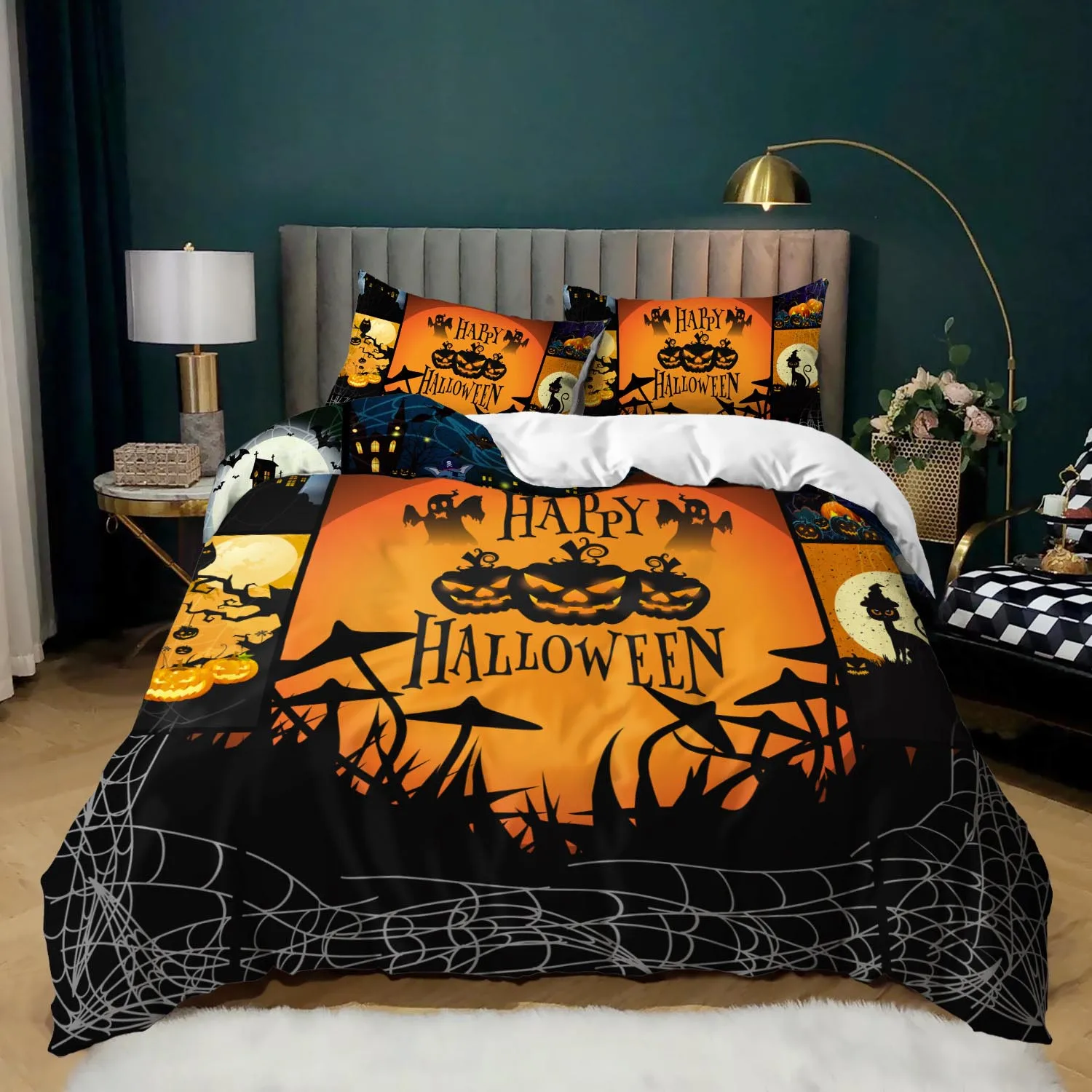 

Halloween Spider Bat Queen Duvet Cover Pillowcase Soft Breathable Microfiber King Bedding Sets With Zipper Closure & Corner Ties