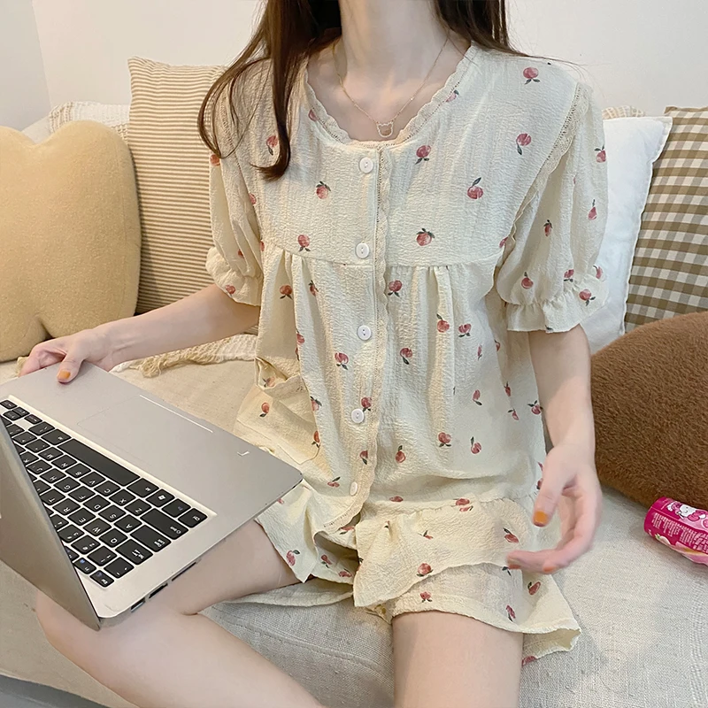 

Women Cotton Sleepwear Korean Pajamas Cute Print Pyjamas Summer Short Sleeve Homewear Femme Loungewear Pijama Mujer Home Clothes