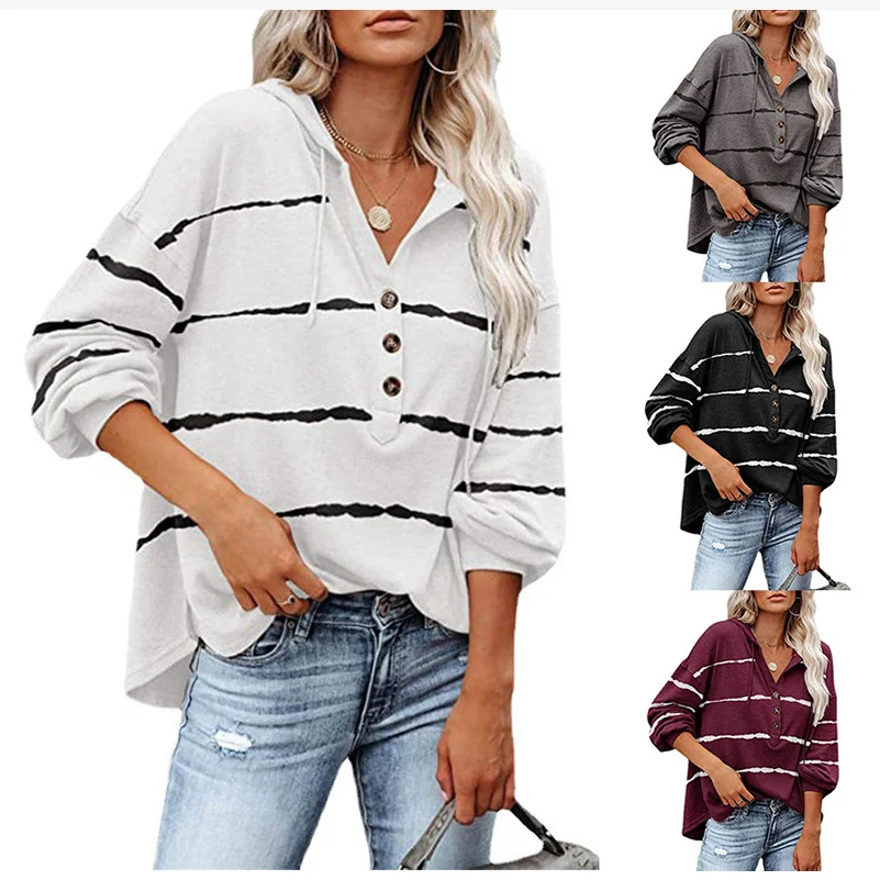 Striped V-neck Button Woman Hooded Long Sleeve T Shirt Autumn Loose Casual Vintage Harajuku Oversize Punk Top Streetwear Pulover
