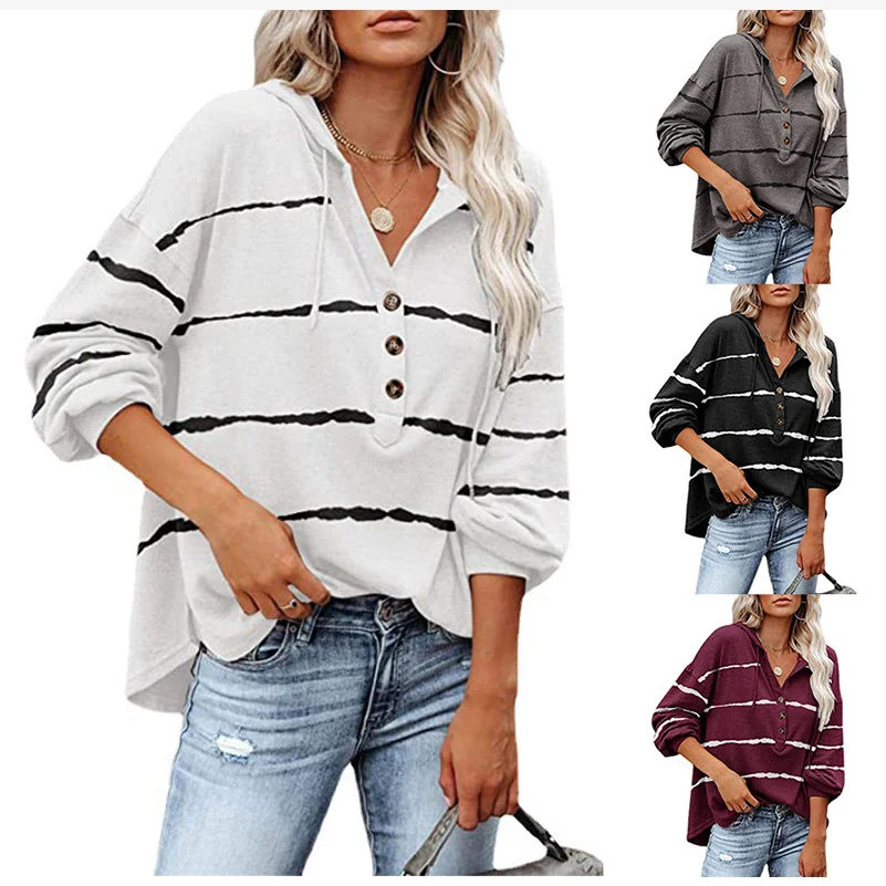 

Striped V-neck Button Woman Hooded Long Sleeve T Shirt Autumn Loose Casual Vintage Harajuku Oversize Punk Top Streetwear Pulover
