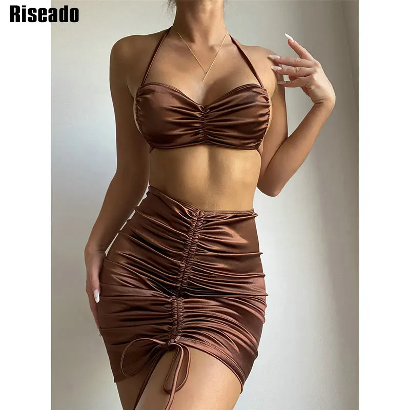 

Riseado Ruched 3 шт женский купальник с Кулиской Пляжная Юбка сплошное бикини прикрытие Лето Холтер Купальник женский 2022 Новый