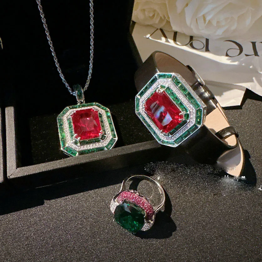 

Women Austrian Garnet Silver Necklace Vintage Peacock Green Zircon Ring Bracelet