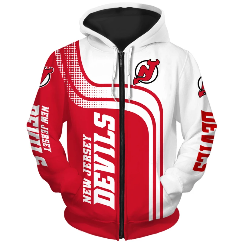 

New Jersey men's fashion Long sleeve 3D Devils Zip Hoodies Red curve white arrow print Sweatshirt
