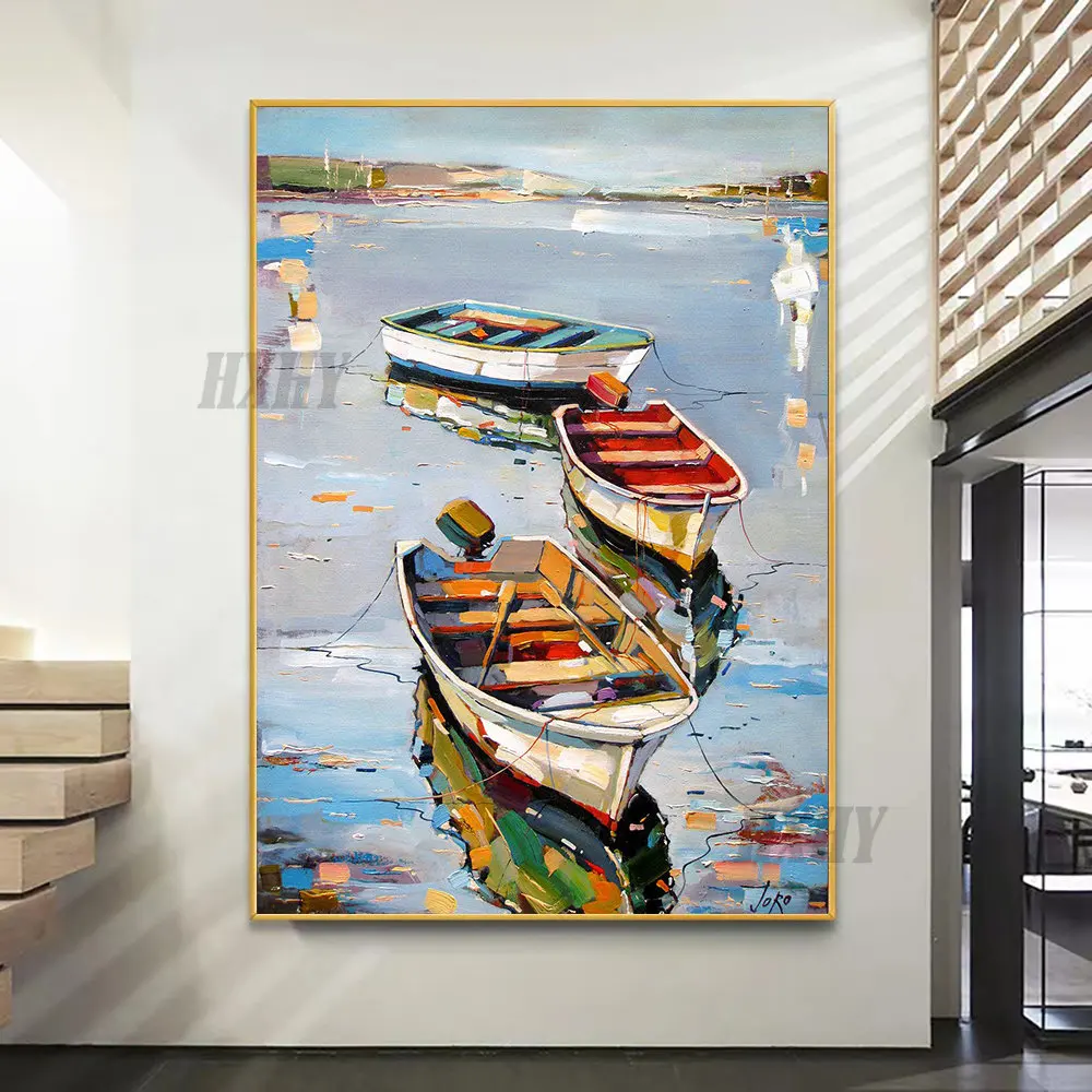 

Современный абстрактный пейзаж Ручная работа картина маслом лодки скандинавский холст настенное искусство Красочная картина маслом для г...